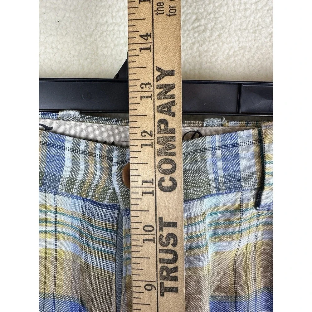 Tommy Bahama Plaid Green Blue Orange Linen Blend Flat Front Shorts Mens Size 34